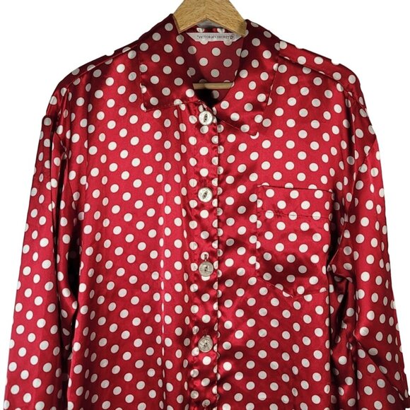 Victoria's Secret Satin Pajama Top Nightshirt Red Small Long Sleeve Dot Button - Picture 2 of 6